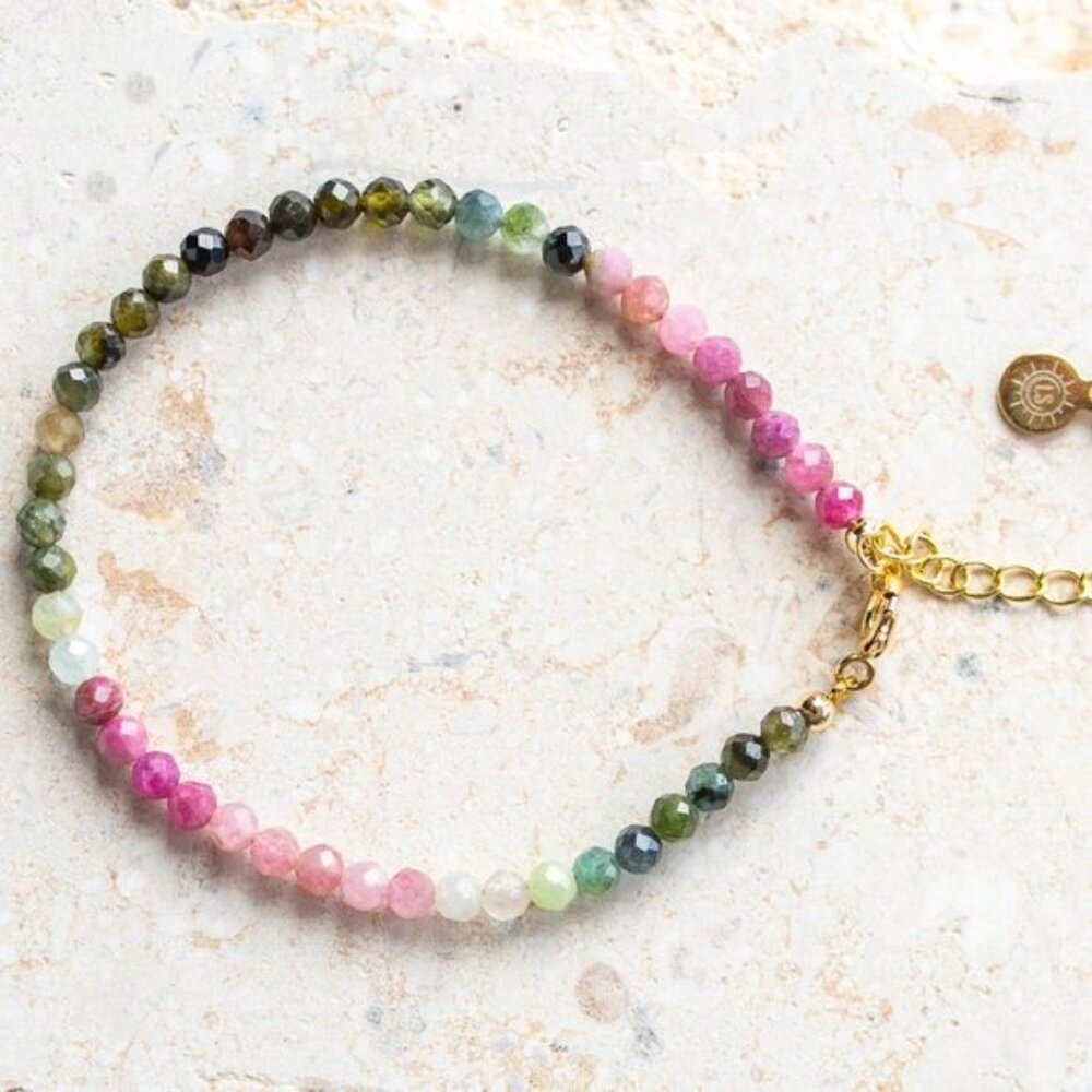 Gemstone Watermelon Tourmaline Bracelet Waterproof Non Tarnish Gold Gift for Her - Picture 9 of 10
